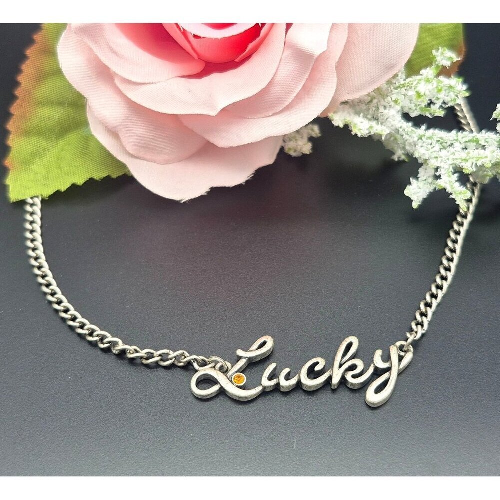 5X Brand Silver Tone Curb Chain LUCKY Pendant Necklace 16" to 18" Orange Crystal